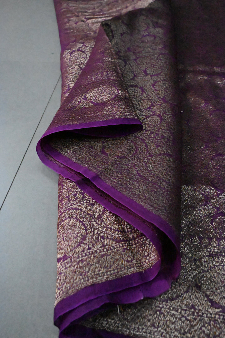 Purple Banarasi Kora Silk Saree with Anique Brocade Jaal and Zari Border | SILK MARK CERTIFIED | SHOBITAM
