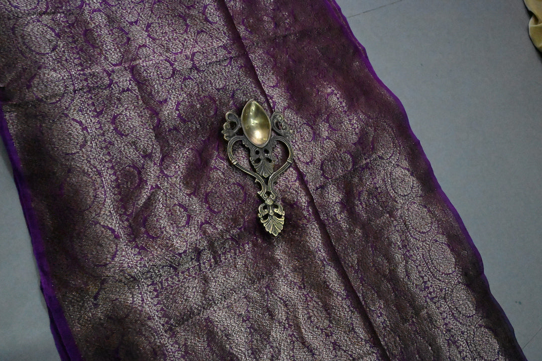 Purple Banarasi Kora Silk Saree with Anique Brocade Jaal and Zari Border | SILK MARK CERTIFIED | SHOBITAM