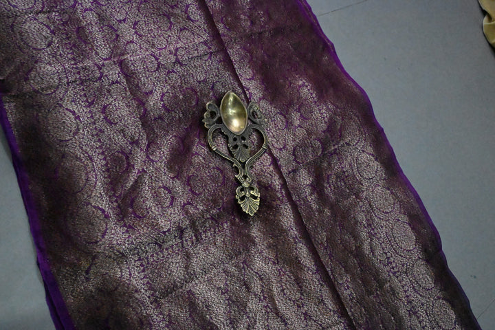 Purple Banarasi Kora Silk Saree with Anique Brocade Jaal and Zari Border | SILK MARK CERTIFIED | SHOBITAM