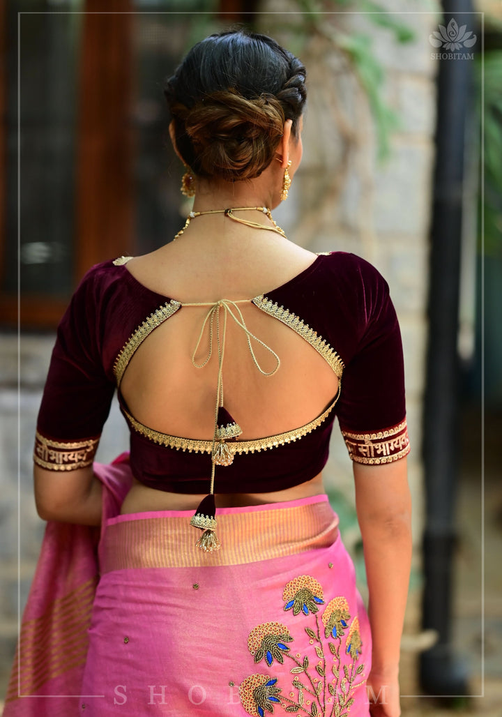 Exquisite Sada Sowbhagyawati Trim Border on Maroon Velvet Blouse