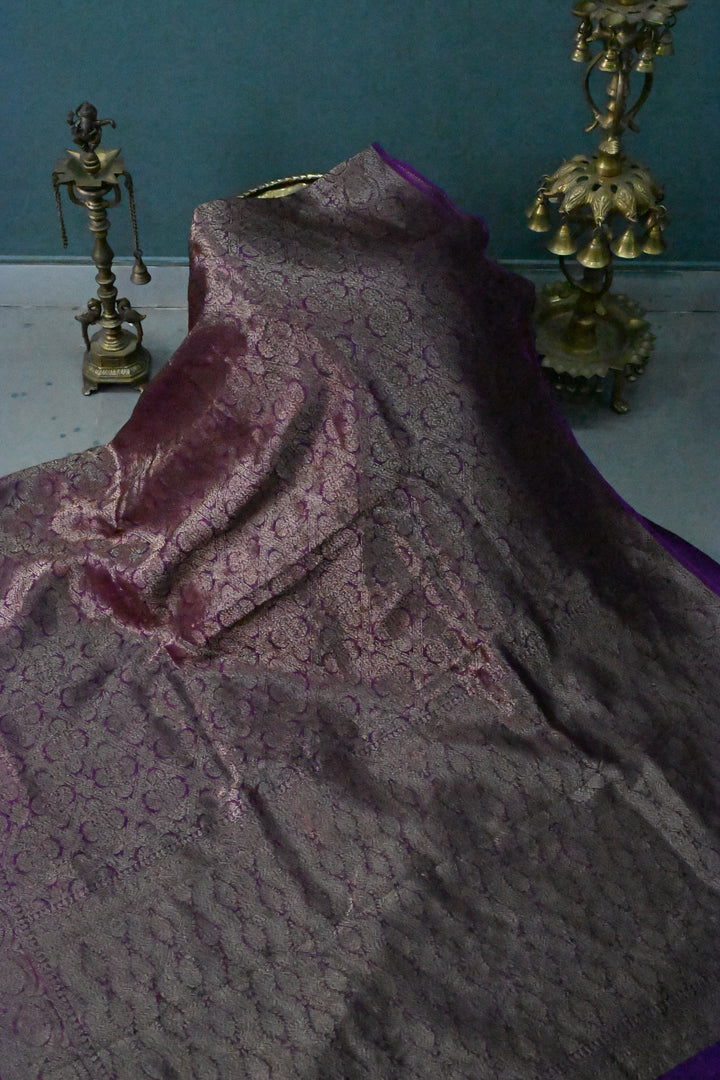 Purple Banarasi Kora Silk Saree with Anique Brocade Jaal and Zari Border | SILK MARK CERTIFIED | SHOBITAM
