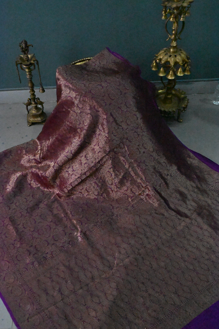 Purple Banarasi Kora Silk Saree with Anique Brocade Jaal and Zari Border | SILK MARK CERTIFIED | SHOBITAM