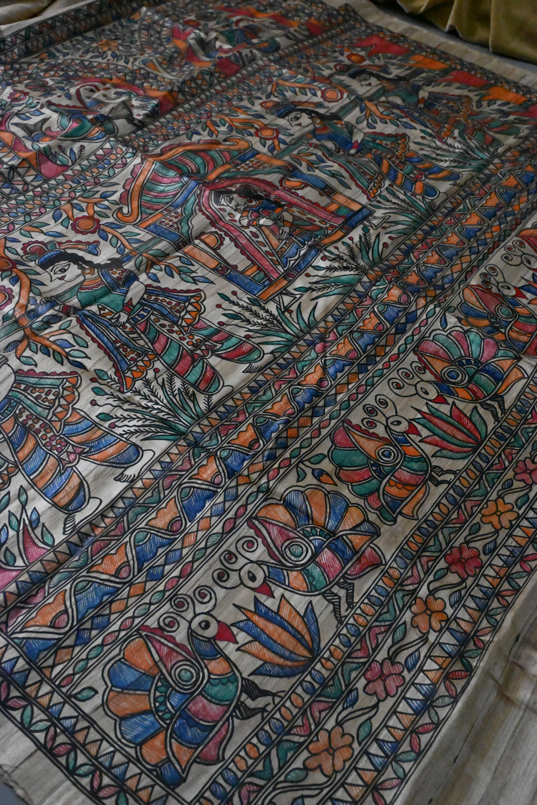 Kora Color Pure Handloom Tussar Hand Painted Madhubani Saree with Border | SILK MARK CERTIFIED | SHOBITAM