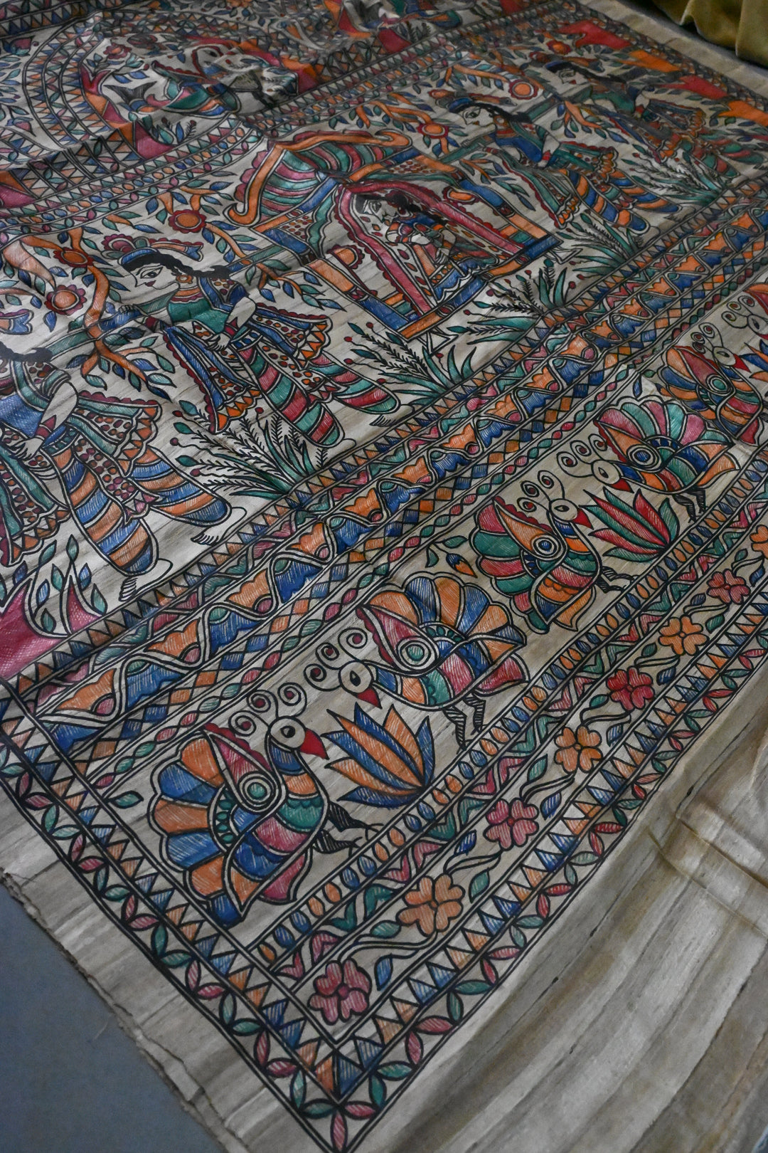 Kora Color Pure Handloom Tussar Hand Painted Madhubani Saree with Border | SILK MARK CERTIFIED | SHOBITAM