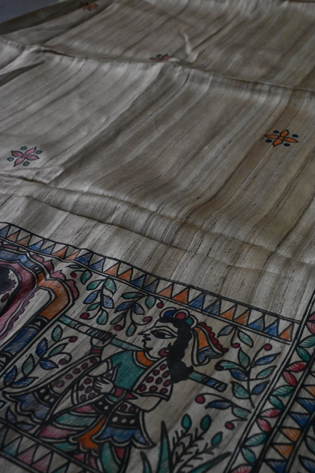 Kora Color Pure Handloom Tussar Hand Painted Madhubani Saree with Border | SILK MARK CERTIFIED | SHOBITAM