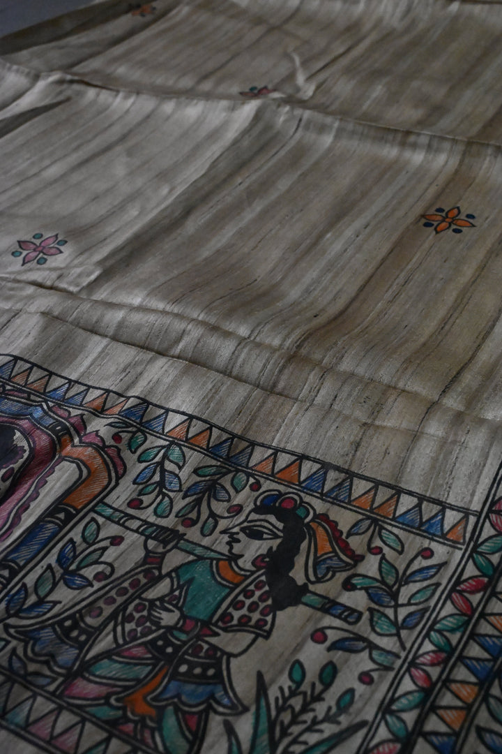 Kora Color Pure Handloom Tussar Hand Painted Madhubani Saree with Border | SILK MARK CERTIFIED | SHOBITAM