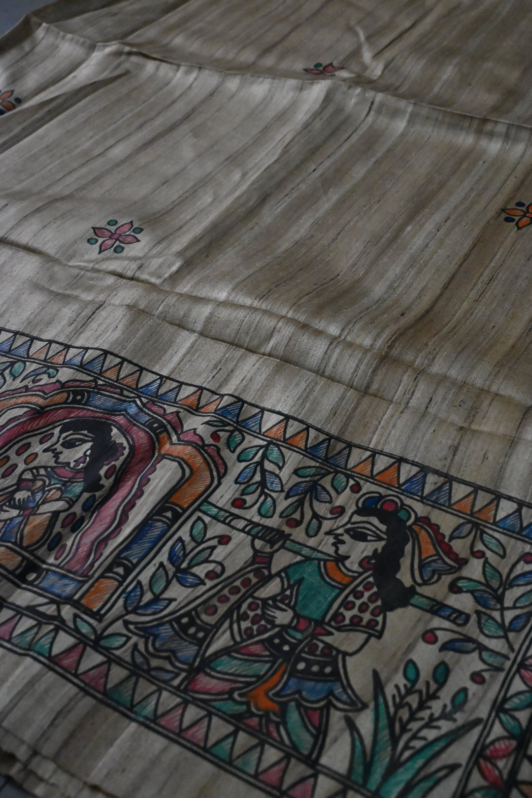 Kora Color Pure Handloom Tussar Hand Painted Madhubani Saree with Border | SILK MARK CERTIFIED | SHOBITAM