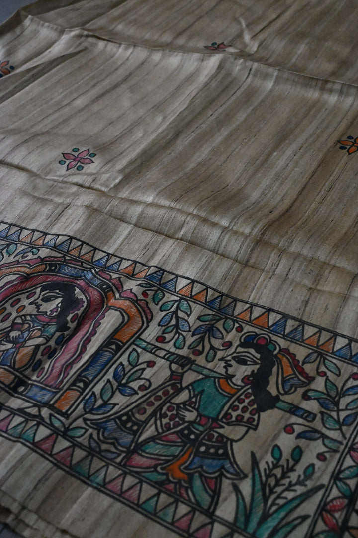 Kora Color Pure Handloom Tussar Hand Painted Madhubani Saree with Border | SILK MARK CERTIFIED | SHOBITAM