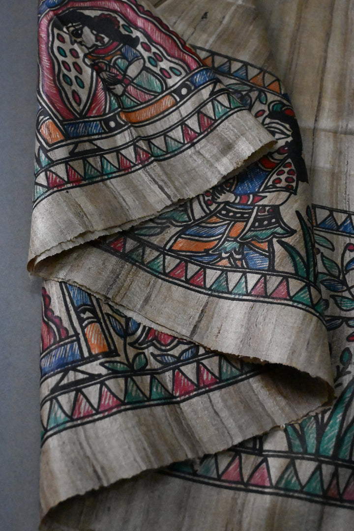 Kora Color Pure Handloom Tussar Hand Painted Madhubani Saree with Border | SILK MARK CERTIFIED | SHOBITAM