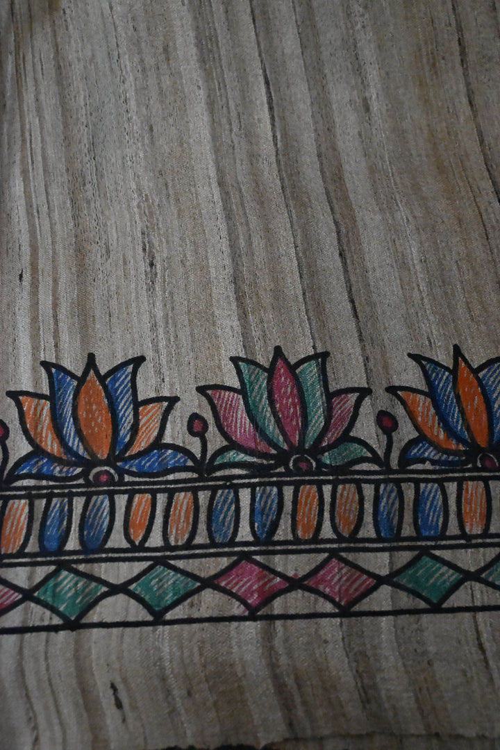 Kora Color Pure Handloom Tussar Hand Painted Madhubani Saree with Border | SILK MARK CERTIFIED | SHOBITAM