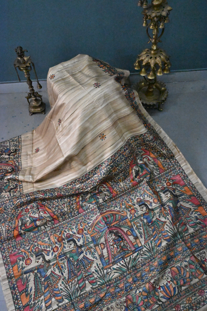 Kora Color Pure Handloom Tussar Hand Painted Madhubani Saree with Border | SILK MARK CERTIFIED | SHOBITAM
