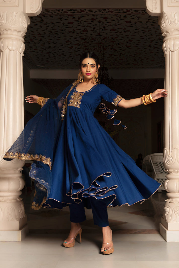 MINAKARI BLUE ANARKALI SET | SHOBITAM