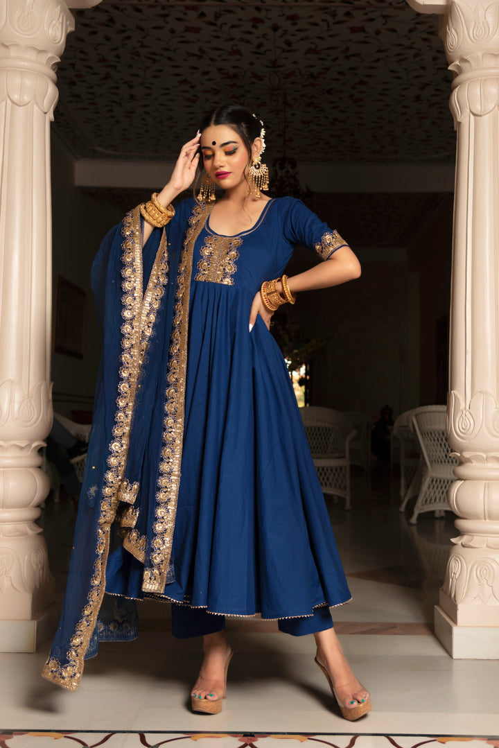 MINAKARI BLUE ANARKALI SET | SHOBITAM