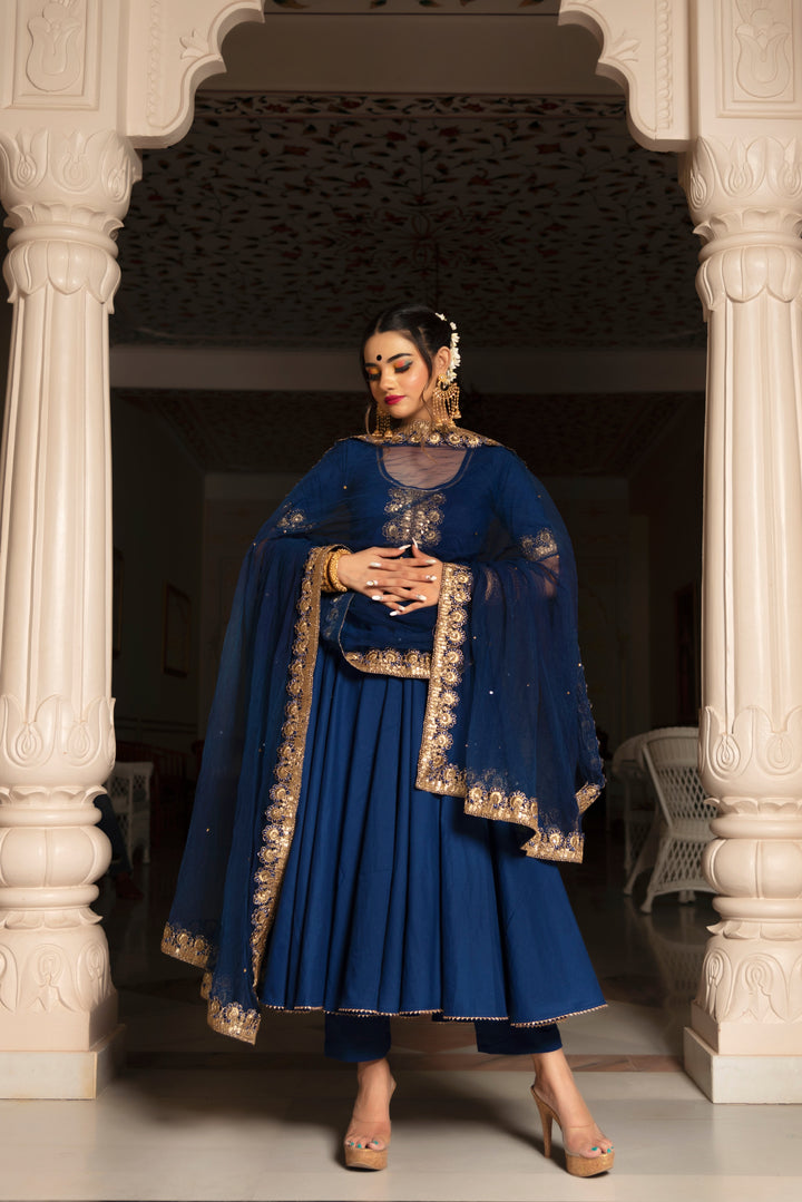 MINAKARI BLUE ANARKALI SET | SHOBITAM