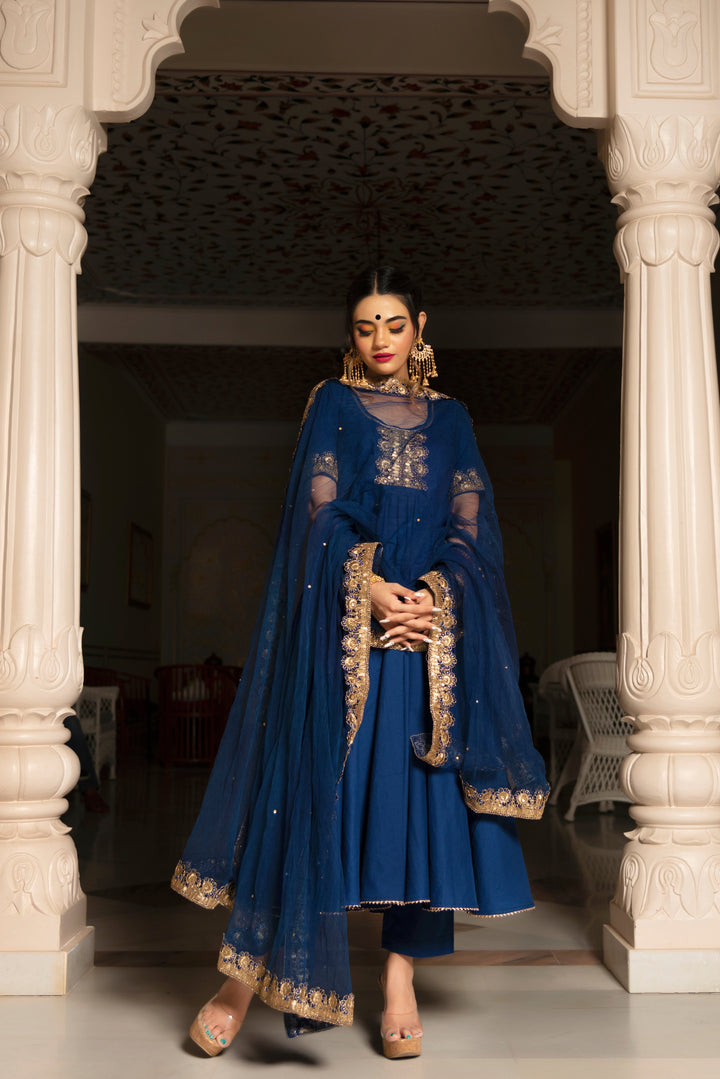 MINAKARI BLUE ANARKALI SET | SHOBITAM