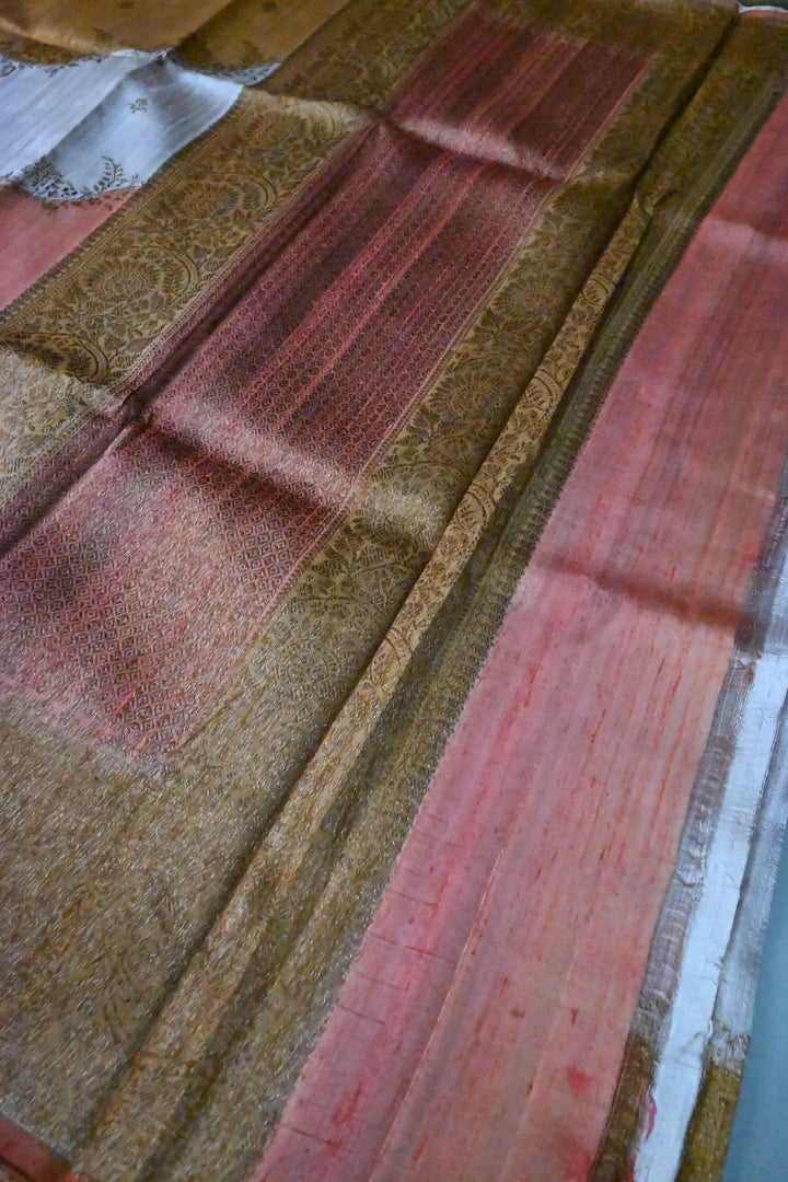 Orange-Rust-Deep Mustard-Mauve Raw Silk Banarasi Hand Brush Dye Saree with Rangkaat Style and Antique Zari Diagonal Stripes | SILK MARK CERTIFIED | SHOBITAM