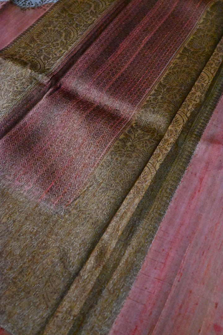 Orange-Rust-Deep Mustard-Mauve Raw Silk Banarasi Hand Brush Dye Saree with Rangkaat Style and Antique Zari Diagonal Stripes | SILK MARK CERTIFIED | SHOBITAM