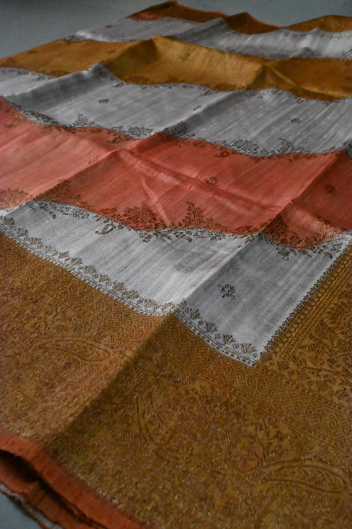 Orange-Rust-Deep Mustard-Mauve Raw Silk Banarasi Hand Brush Dye Saree with Rangkaat Style and Antique Zari Diagonal Stripes | SILK MARK CERTIFIED | SHOBITAM