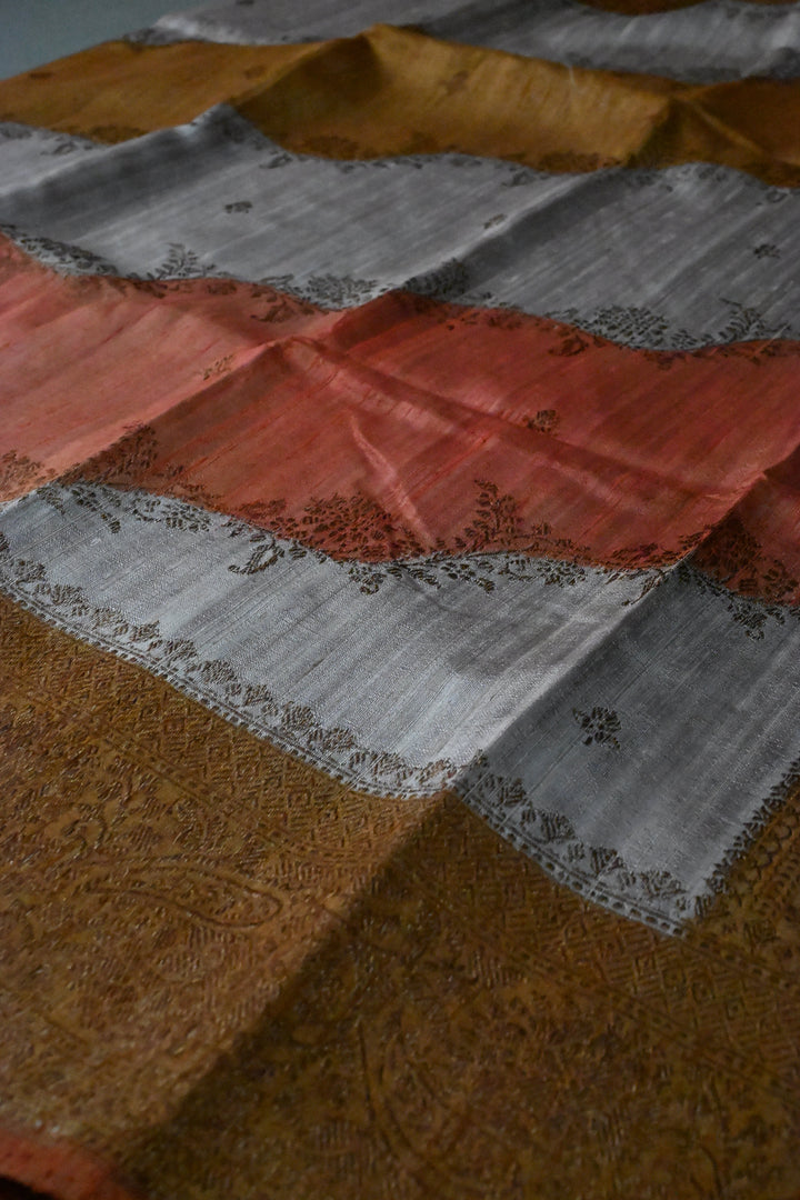 Orange-Rust-Deep Mustard-Mauve Raw Silk Banarasi Hand Brush Dye Saree with Rangkaat Style and Antique Zari Diagonal Stripes | SILK MARK CERTIFIED | SHOBITAM
