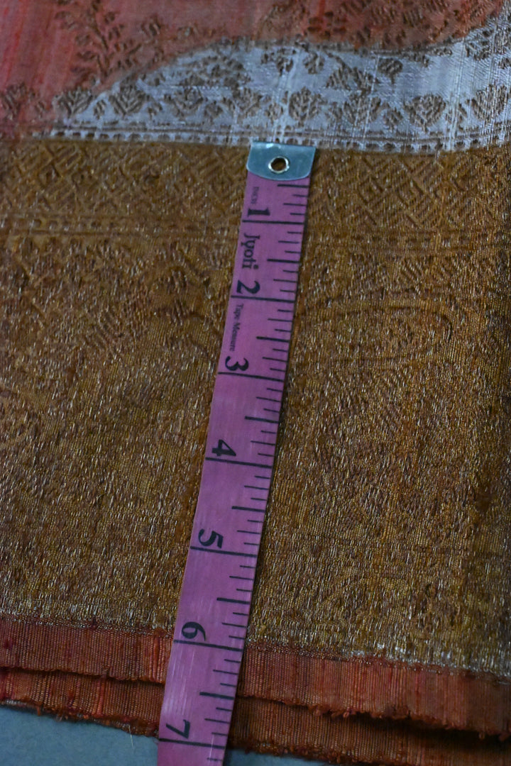 Orange-Rust-Deep Mustard-Mauve Raw Silk Banarasi Hand Brush Dye Saree with Rangkaat Style and Antique Zari Diagonal Stripes | SILK MARK CERTIFIED | SHOBITAM
