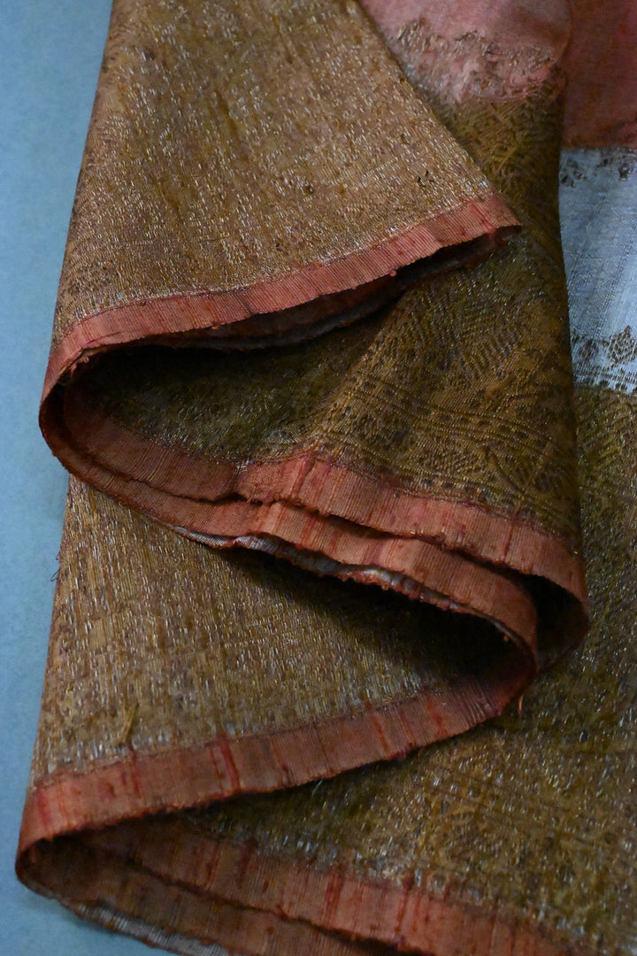 Orange-Rust-Deep Mustard-Mauve Raw Silk Banarasi Hand Brush Dye Saree with Rangkaat Style and Antique Zari Diagonal Stripes | SILK MARK CERTIFIED | SHOBITAM