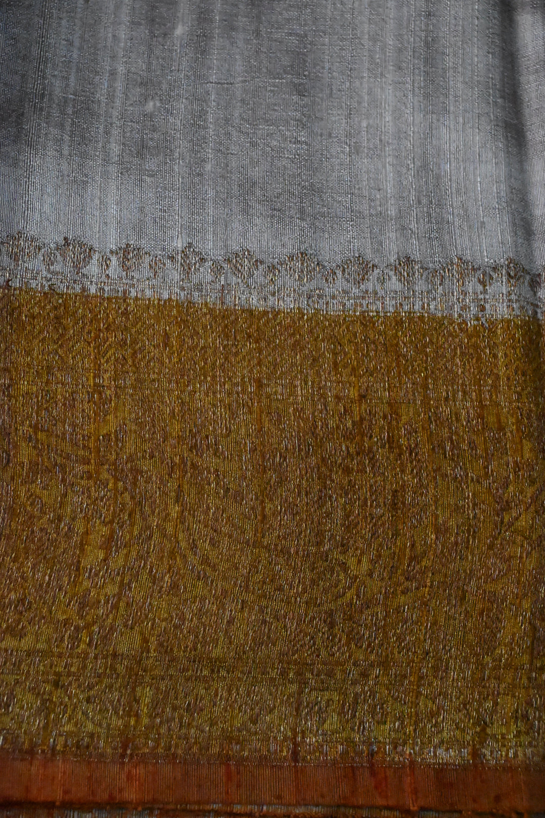 Orange-Rust-Deep Mustard-Mauve Raw Silk Banarasi Hand Brush Dye Saree with Rangkaat Style and Antique Zari Diagonal Stripes | SILK MARK CERTIFIED | SHOBITAM