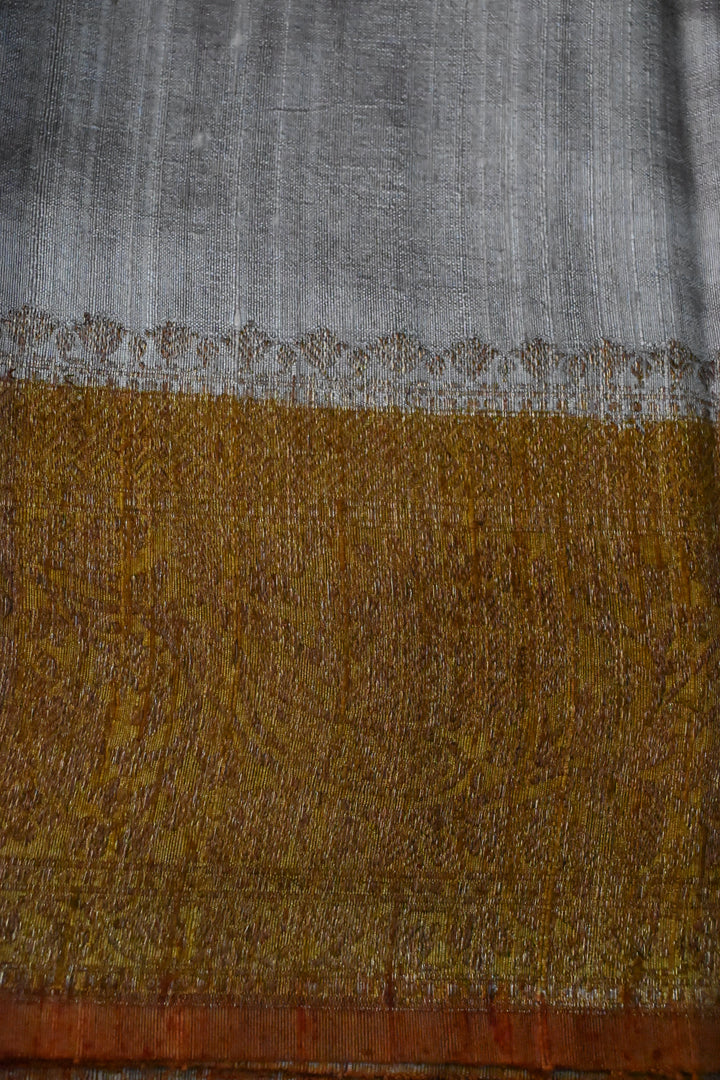 Orange-Rust-Deep Mustard-Mauve Raw Silk Banarasi Hand Brush Dye Saree with Rangkaat Style and Antique Zari Diagonal Stripes | SILK MARK CERTIFIED | SHOBITAM