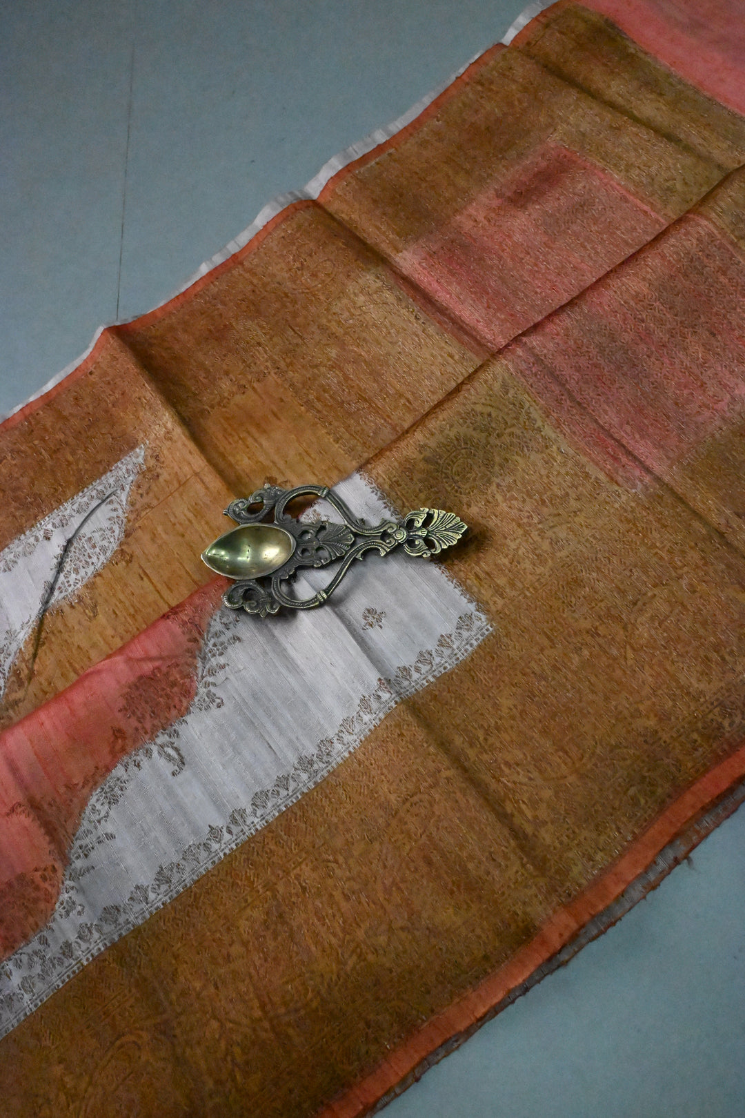 Orange-Rust-Deep Mustard-Mauve Raw Silk Banarasi Hand Brush Dye Saree with Rangkaat Style and Antique Zari Diagonal Stripes | SILK MARK CERTIFIED | SHOBITAM