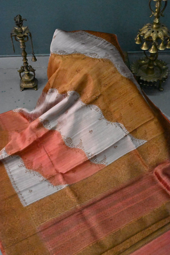 Orange-Rust-Deep Mustard-Mauve Raw Silk Banarasi Hand Brush Dye Saree with Rangkaat Style and Antique Zari Diagonal Stripes | SILK MARK CERTIFIED | SHOBITAM