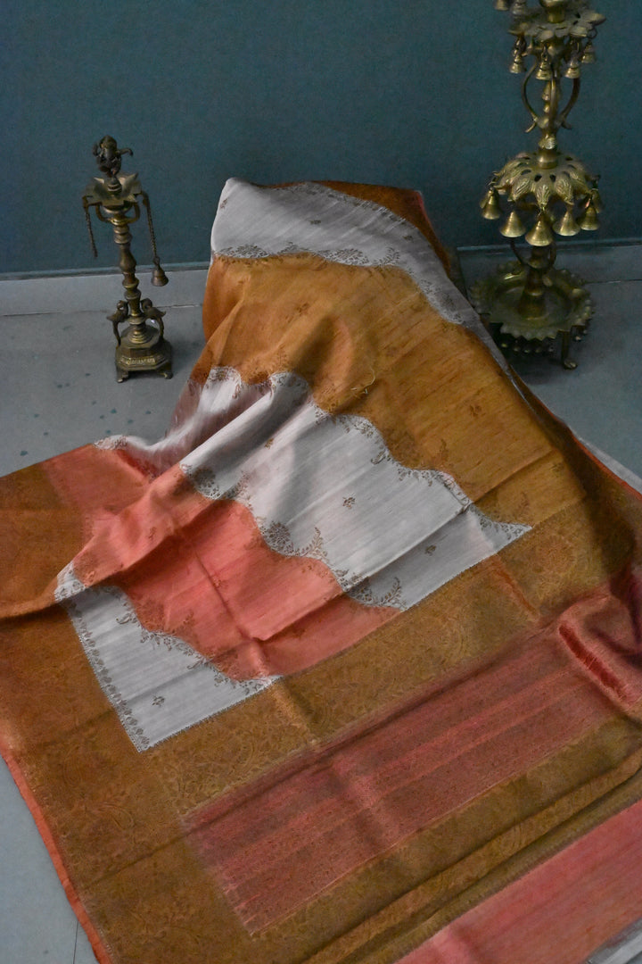 Orange-Rust-Deep Mustard-Mauve Raw Silk Banarasi Hand Brush Dye Saree with Rangkaat Style and Antique Zari Diagonal Stripes | SILK MARK CERTIFIED | SHOBITAM