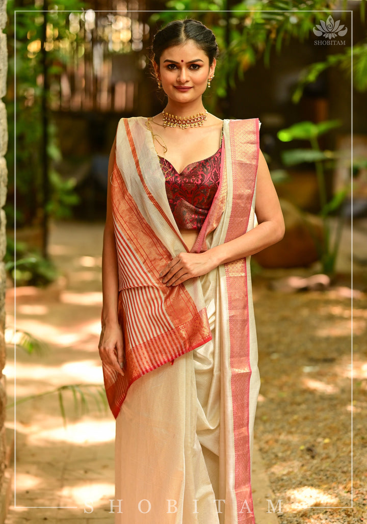 Tissue Stripes on Silk-Cotton Pure Maheshwari Saree in Off White and Soft Red!
