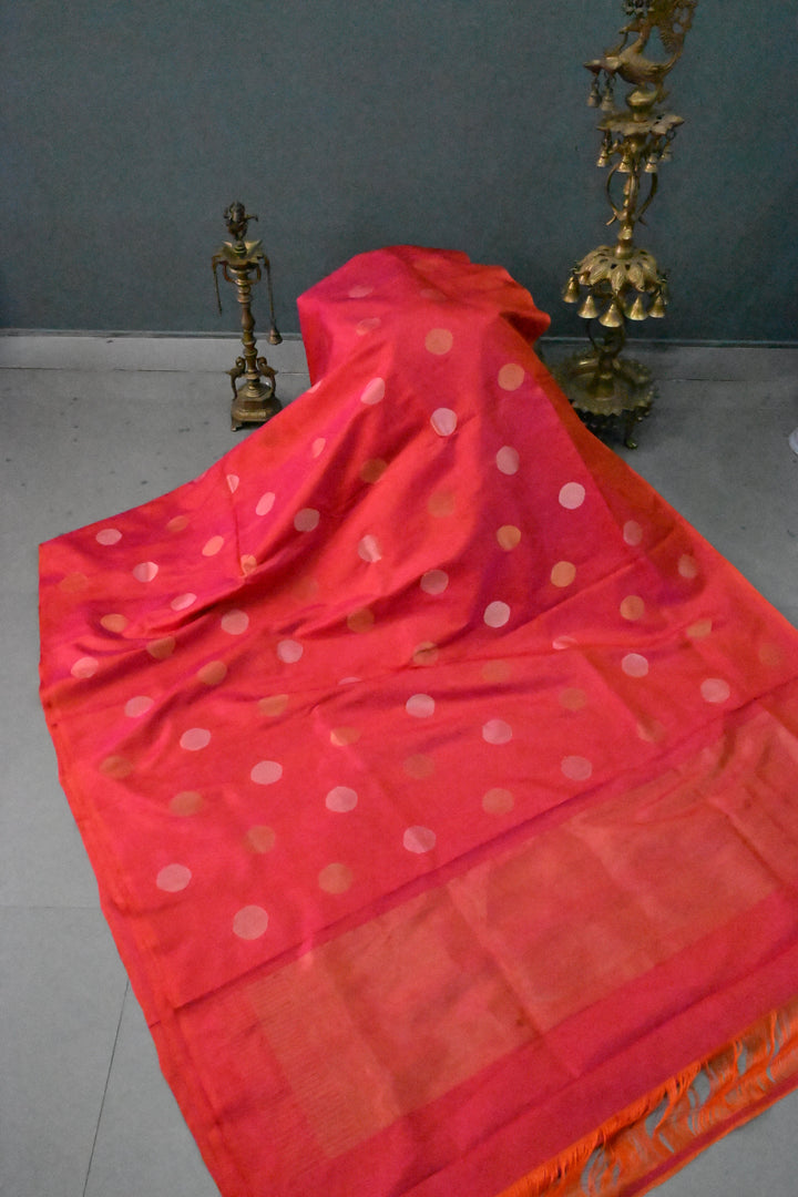 Pink-Orange Dual Tone Borderless Uppada Handloom Silk Saree with Jamdhani Style Sona Rupa Polka Dots  | SILK MARK CERTIFIED | SHOBITAM