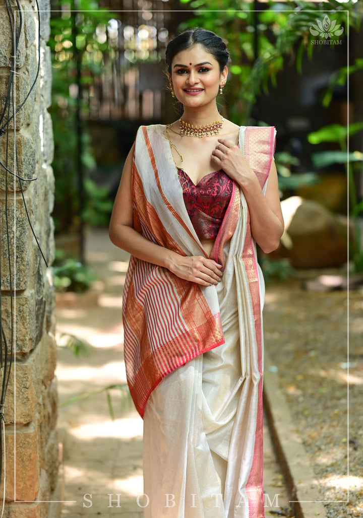 Tissue Stripes on Silk-Cotton Pure Maheshwari Saree in Off White and Soft Red!