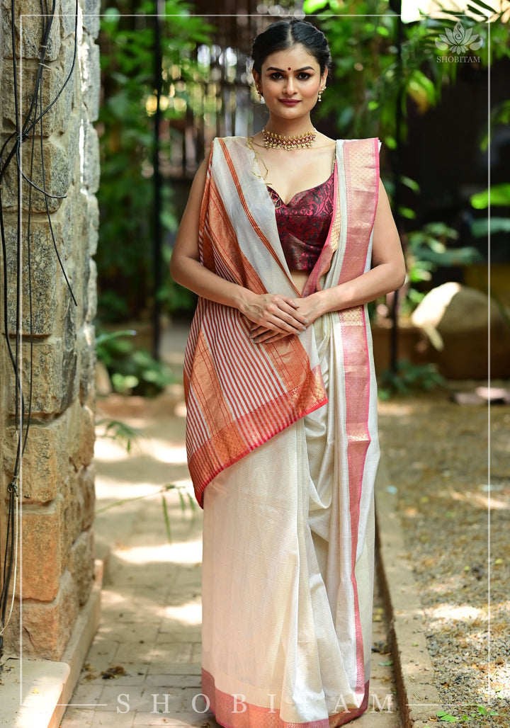 Tissue Stripes on Silk-Cotton Pure Maheshwari Saree in Off White and Soft Red!