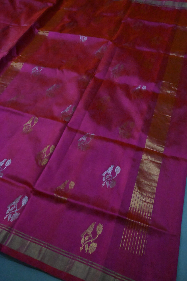 Rani Pink Dual Tone Uppada Handloom Silk Saree with Sona Rupa Floral Zari Buttas and Minimal Zari Border | SILK MARK CERTIFIED | SHOBITAM