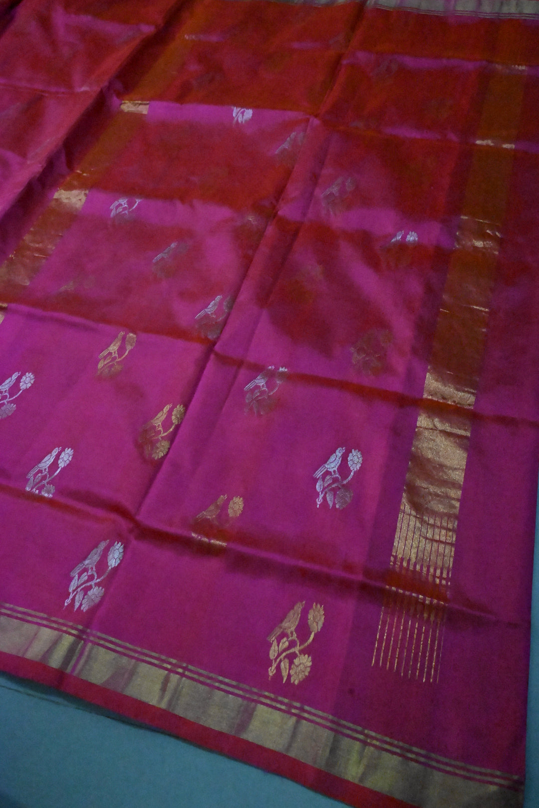 Rani Pink Dual Tone Uppada Handloom Silk Saree with Sona Rupa Floral Zari Buttas and Minimal Zari Border | SILK MARK CERTIFIED | SHOBITAM