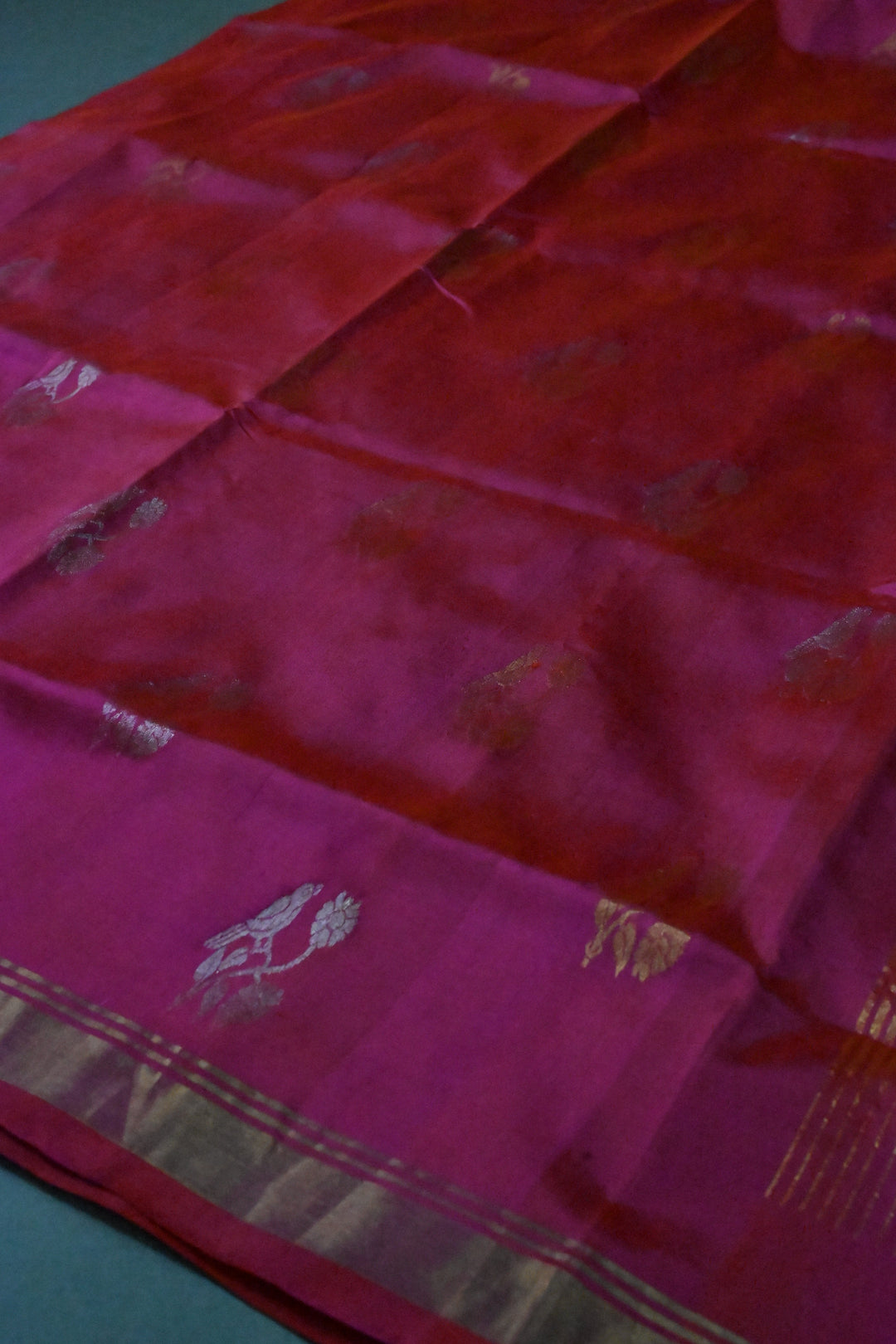 Rani Pink Dual Tone Uppada Handloom Silk Saree with Sona Rupa Floral Zari Buttas and Minimal Zari Border | SILK MARK CERTIFIED | SHOBITAM
