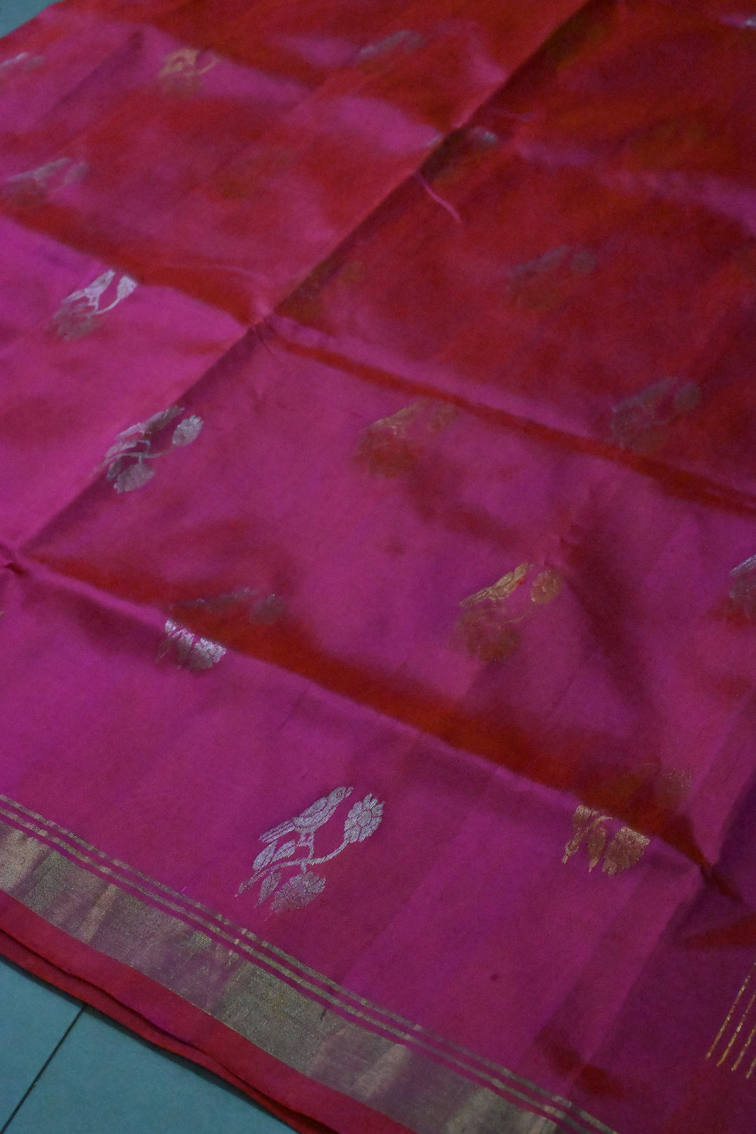 Rani Pink Dual Tone Uppada Handloom Silk Saree with Sona Rupa Floral Zari Buttas and Minimal Zari Border | SILK MARK CERTIFIED | SHOBITAM