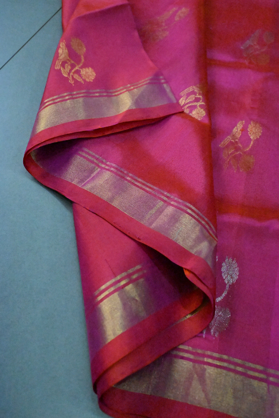 Rani Pink Dual Tone Uppada Handloom Silk Saree with Sona Rupa Floral Zari Buttas and Minimal Zari Border | SILK MARK CERTIFIED | SHOBITAM