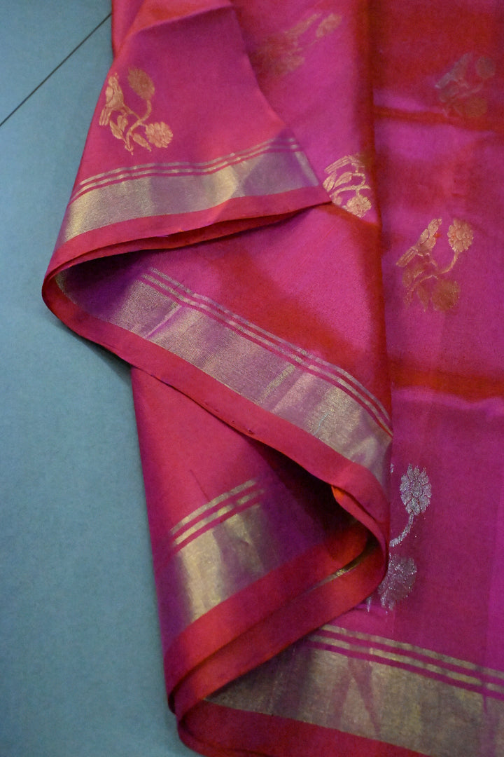 Rani Pink Dual Tone Uppada Handloom Silk Saree with Sona Rupa Floral Zari Buttas and Minimal Zari Border | SILK MARK CERTIFIED | SHOBITAM