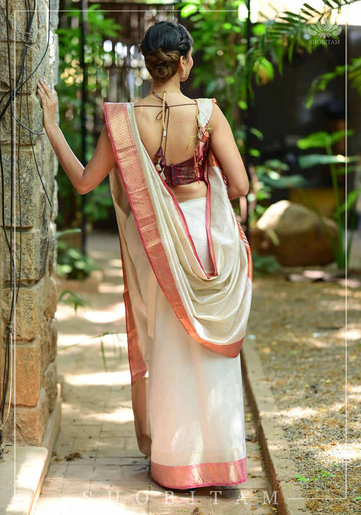 Tissue Stripes on Silk-Cotton Pure Maheshwari Saree in Off White and Soft Red!