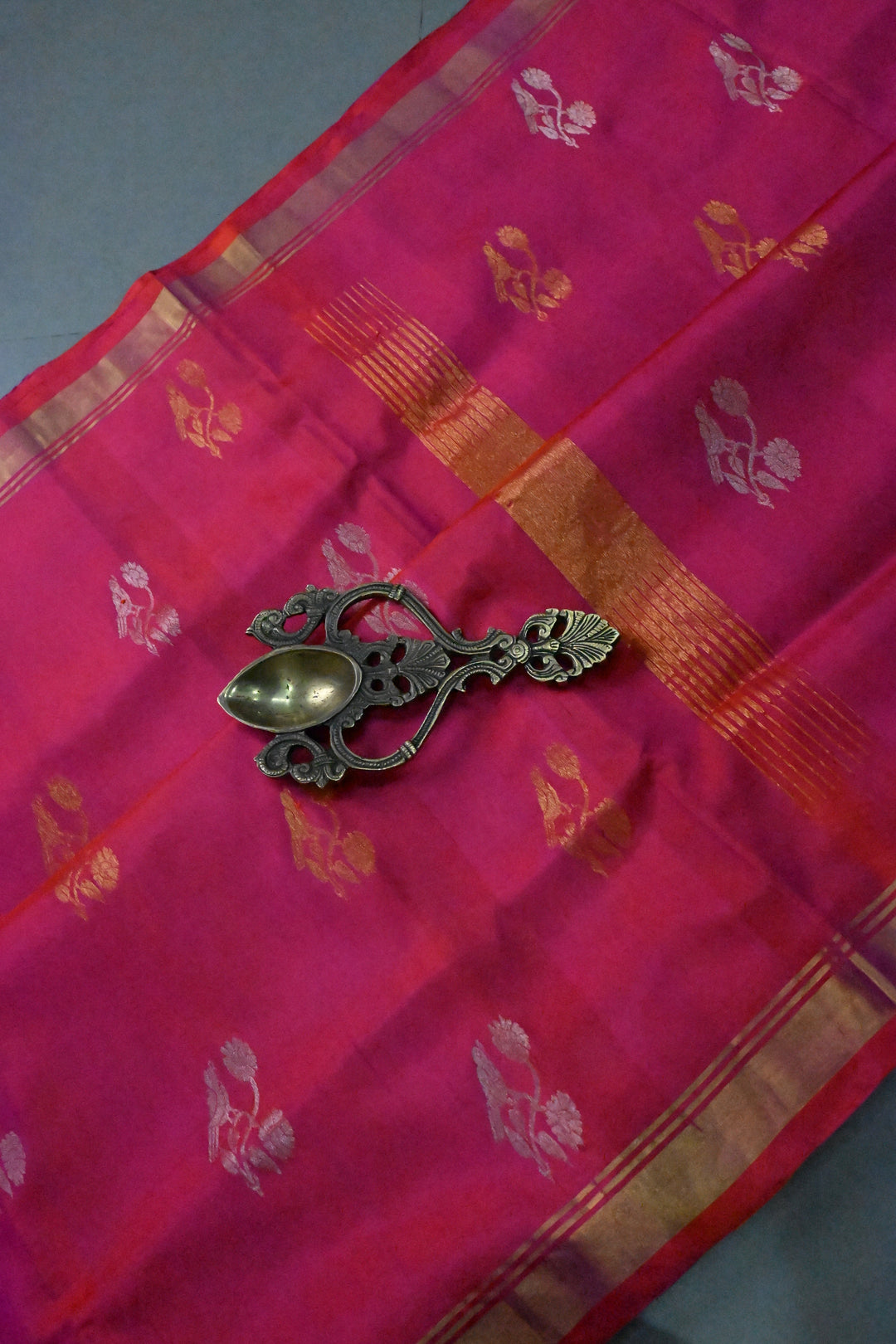 Rani Pink Dual Tone Uppada Handloom Silk Saree with Sona Rupa Floral Zari Buttas and Minimal Zari Border | SILK MARK CERTIFIED | SHOBITAM