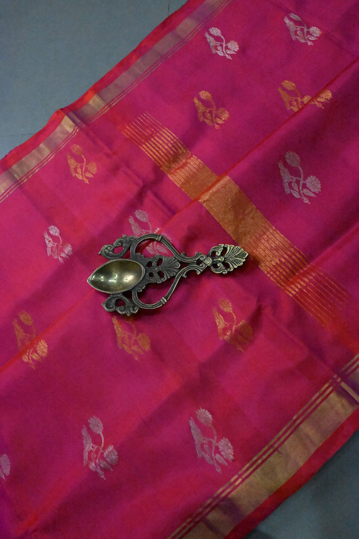 Rani Pink Dual Tone Uppada Handloom Silk Saree with Sona Rupa Floral Zari Buttas and Minimal Zari Border | SILK MARK CERTIFIED | SHOBITAM