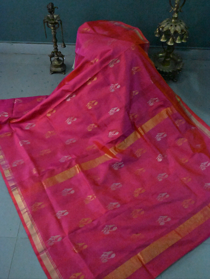 Rani Pink Dual Tone Uppada Handloom Silk Saree with Sona Rupa Floral Zari Buttas and Minimal Zari Border | SILK MARK CERTIFIED | SHOBITAM