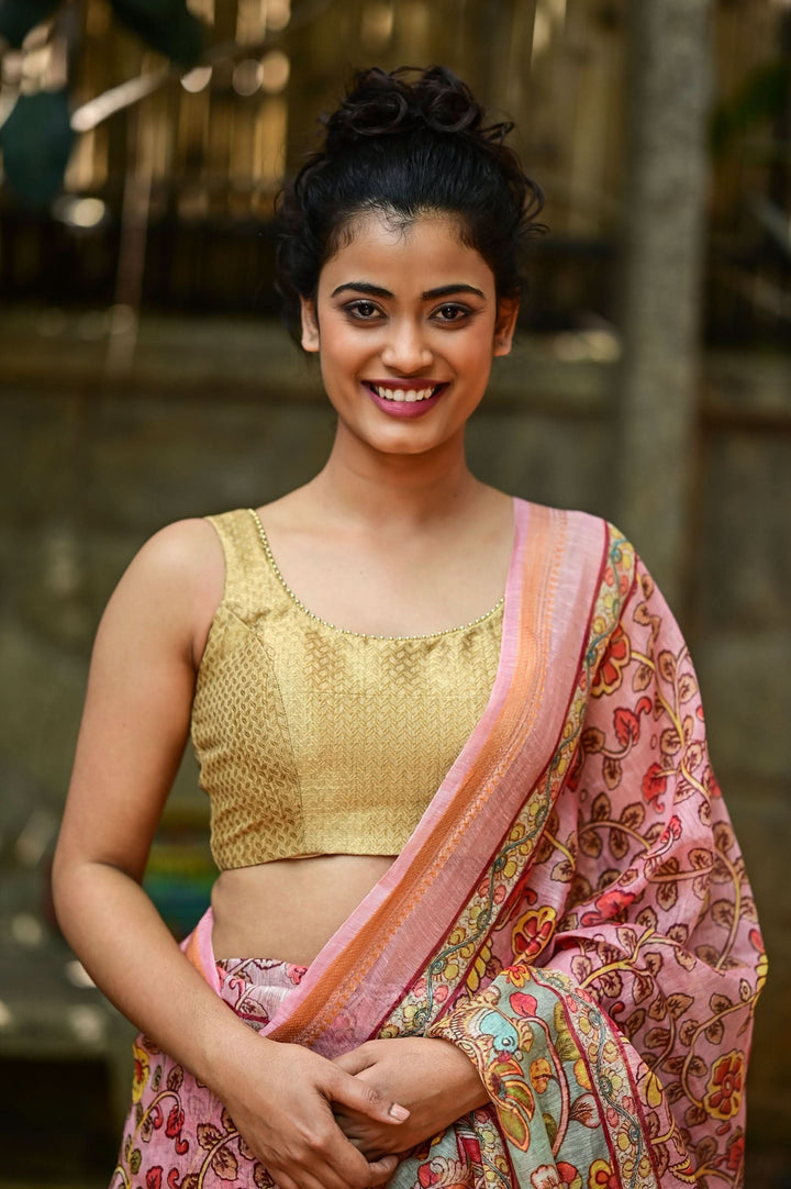 Rose Silk Linen Saree with Kalamkari Digital Print