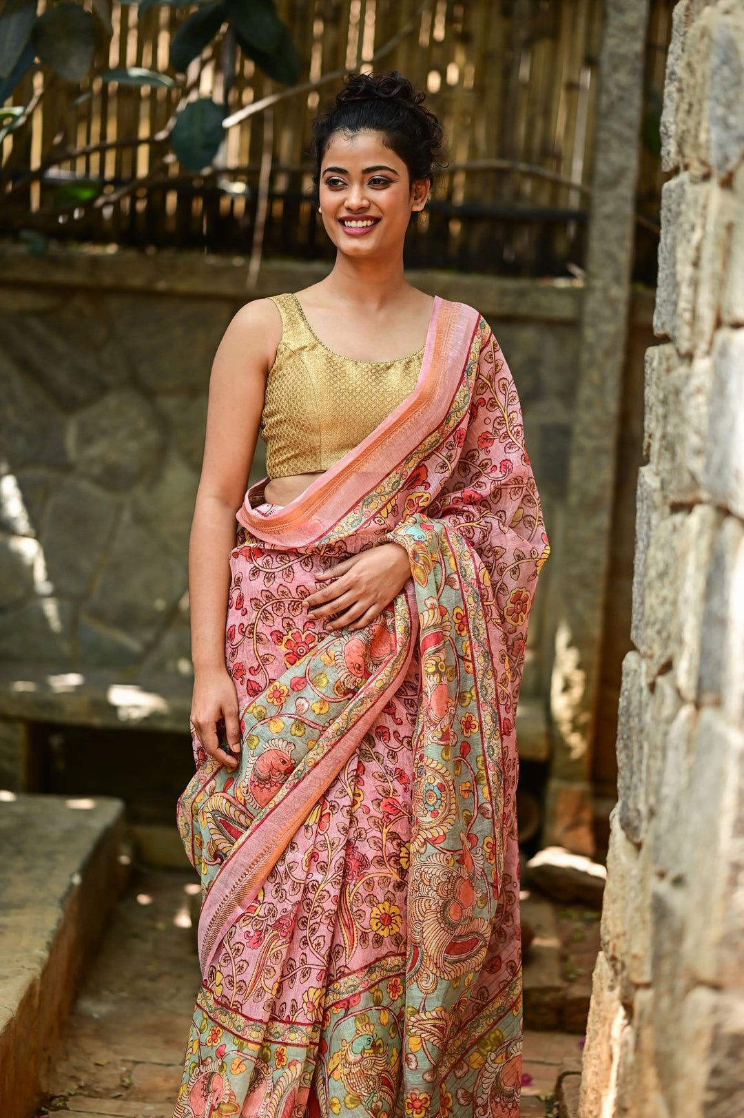 Rose Silk Linen Saree with Kalamkari Digital Print