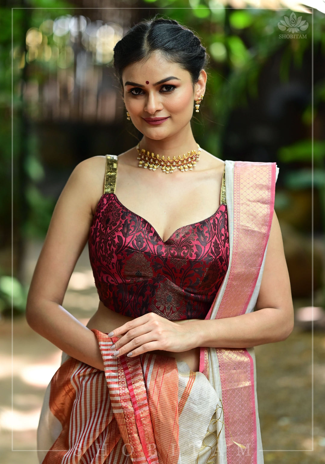 Maroon Brocade Blouse with Copper Cutdana Straps and Leaf Neckline