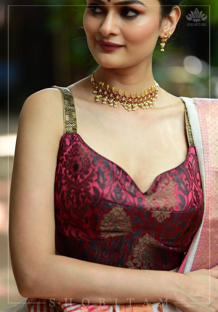 Maroon Brocade Blouse with Copper Cutdana Straps and Leaf Neckline