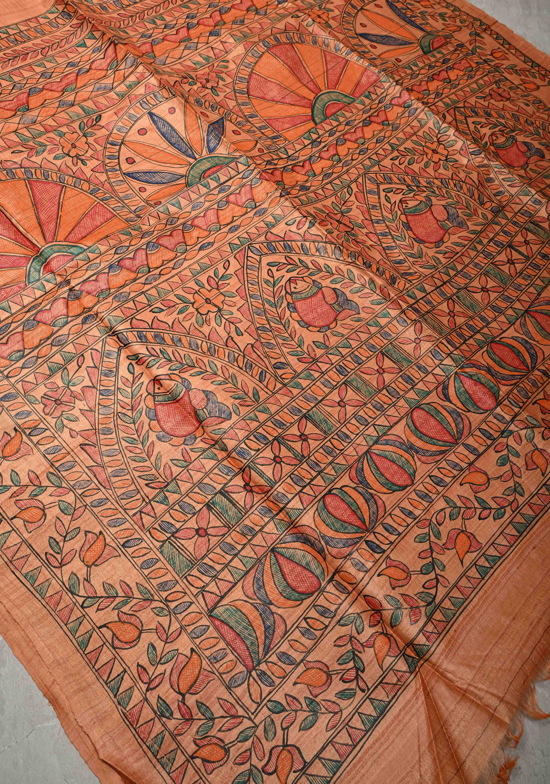 Antique Peach Tussar Silk Sree with Madhubani hand painting | SILK MARK CERTIFIED | SHOBITAM