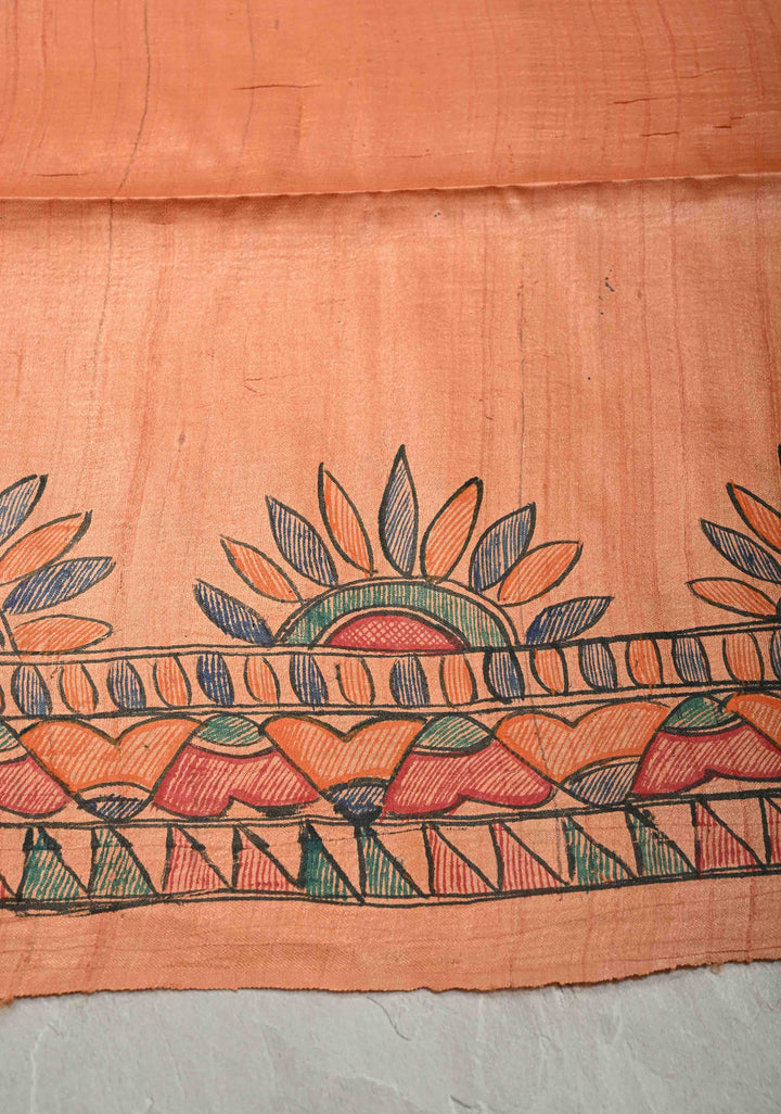 Antique Peach Tussar Silk Sree with Madhubani hand painting | SILK MARK CERTIFIED | SHOBITAM